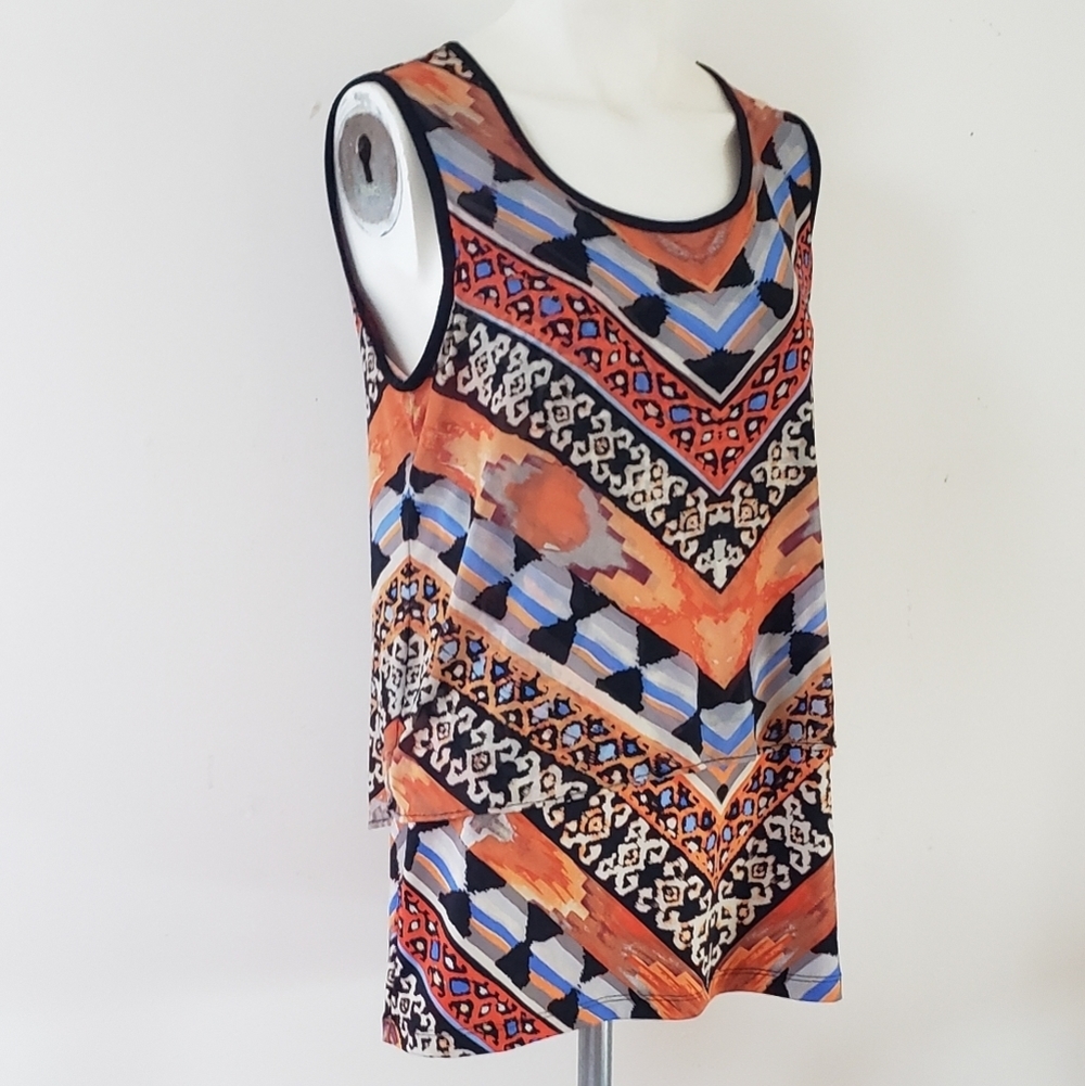 Eci New York sleeveless blouse layered Aztec patter multi colored, Size M
